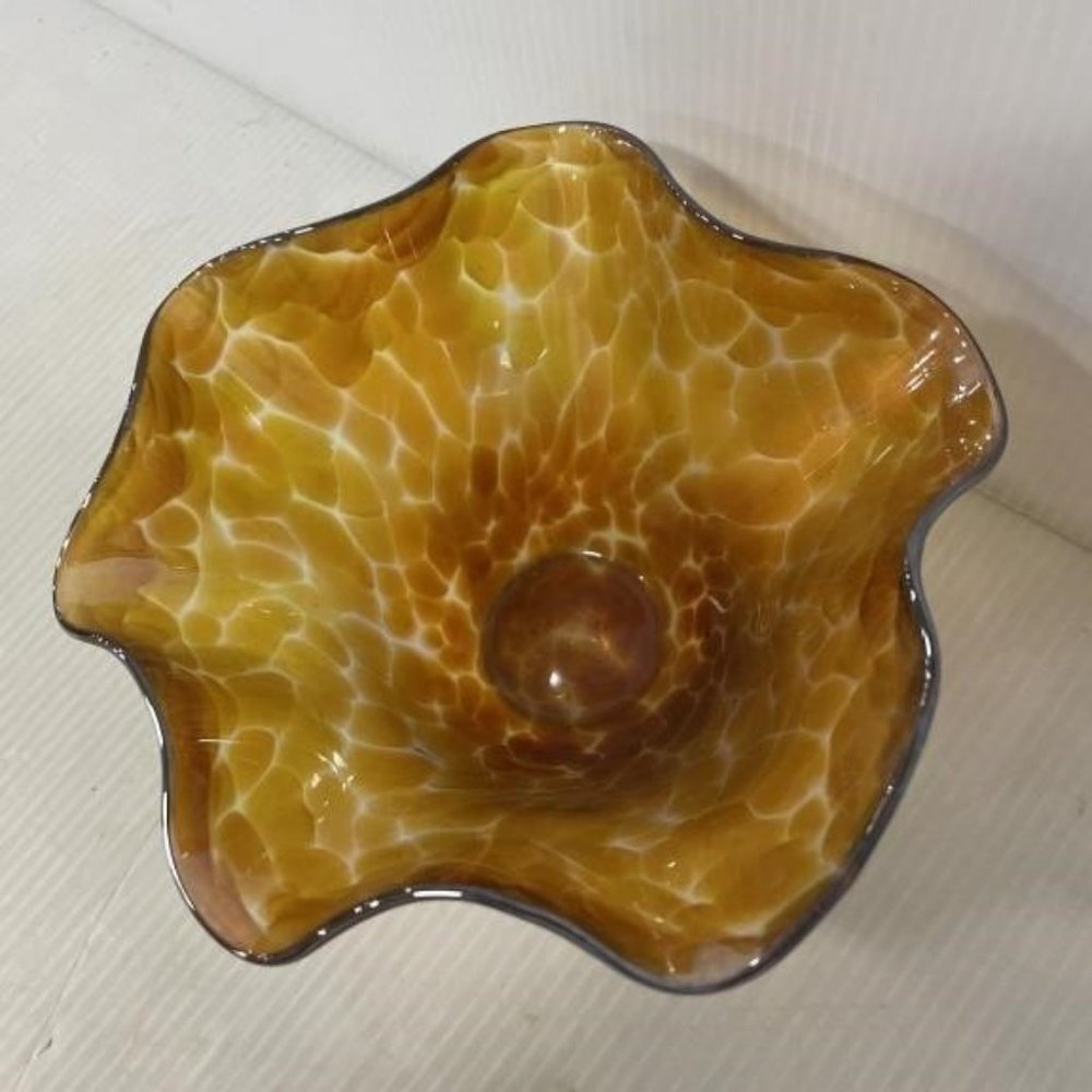 Glass Eye Studios Ruffled Orange Iridescent Glass Bowl made w Mt. St Helen Ash